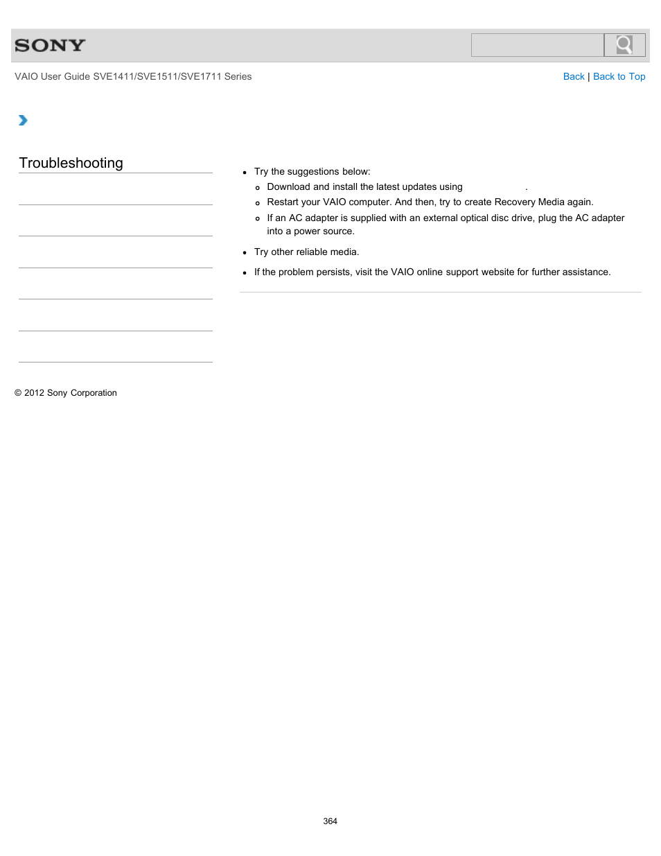 What should i do if i cannot create recovery media, Troubleshooting | Sony SVE141190X User Manual | Page 364 / 367