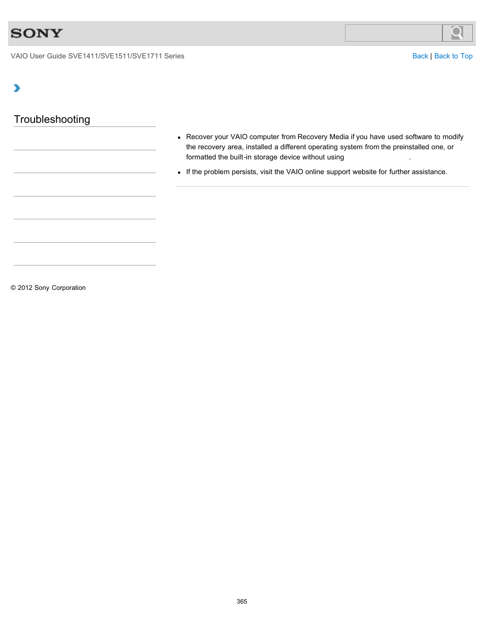 Area, Troubleshooting | Sony SVE141190X User Manual | Page 365 / 367