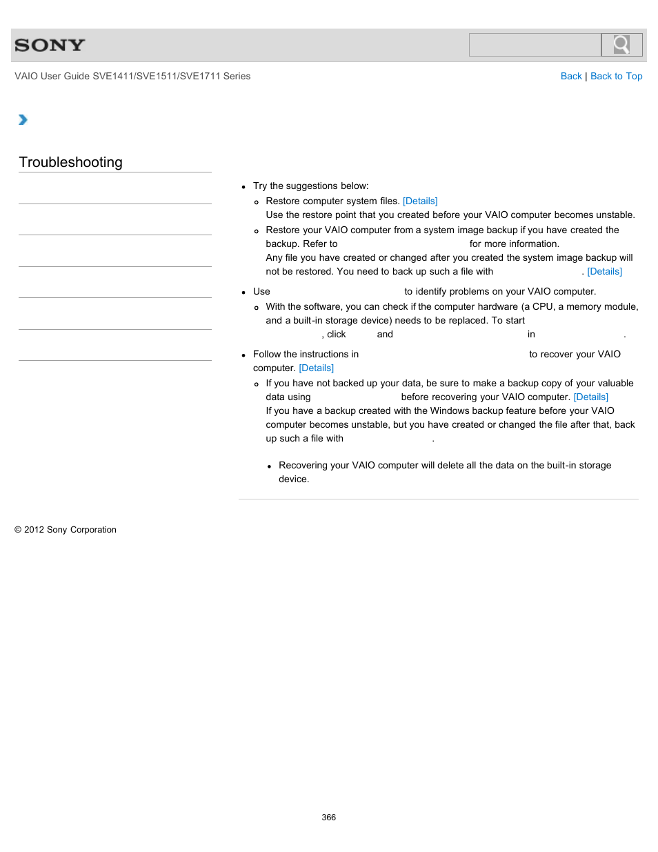 Start), Troubleshooting | Sony SVE141190X User Manual | Page 366 / 367