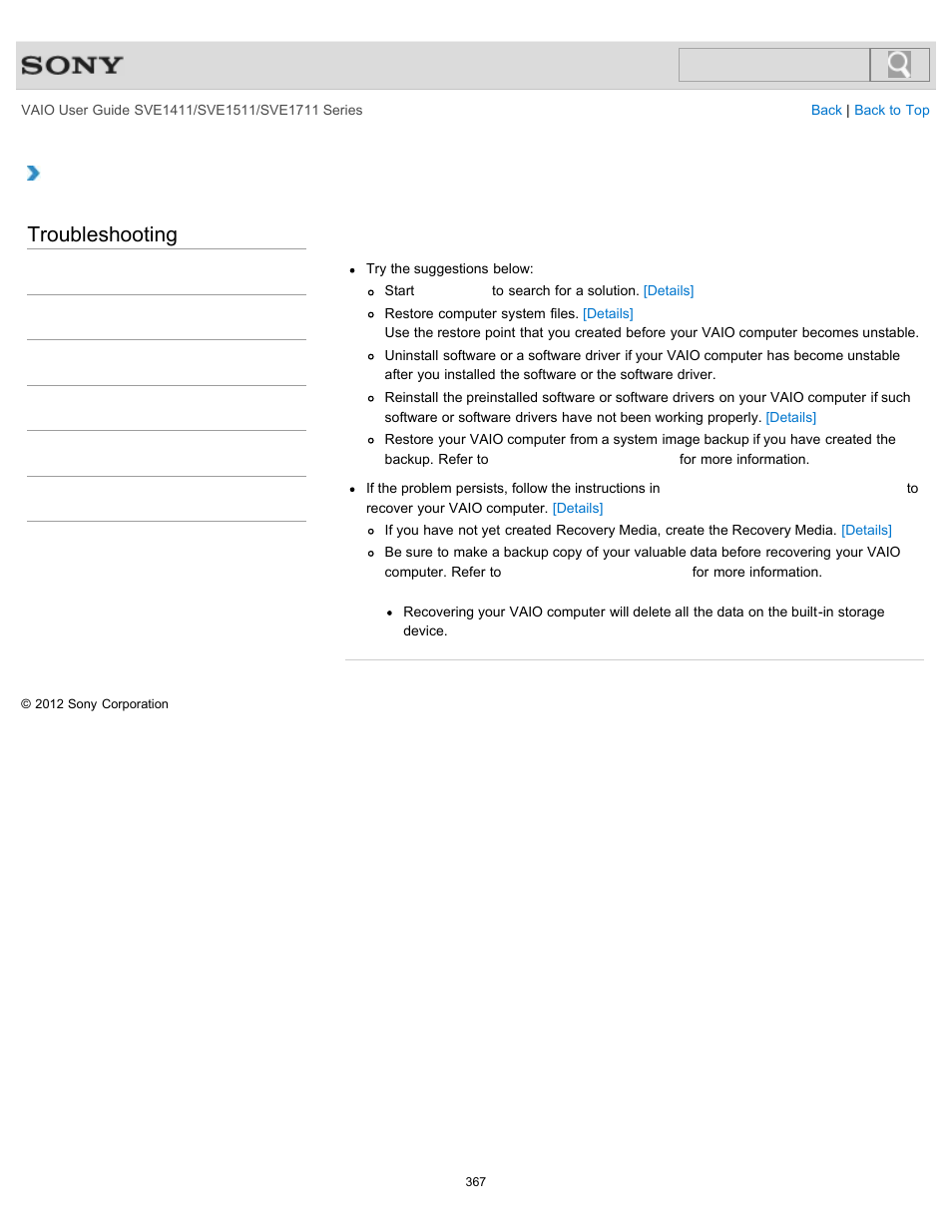 Troubleshooting | Sony SVE141190X User Manual | Page 367 / 367