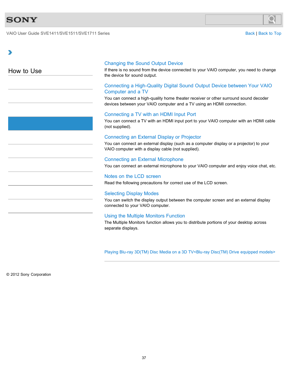 Peripheral device, How to use | Sony SVE141190X User Manual | Page 37 / 367