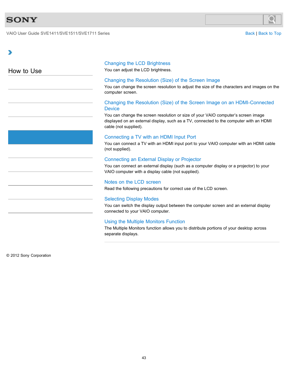 Display, How to use | Sony SVE141190X User Manual | Page 43 / 367