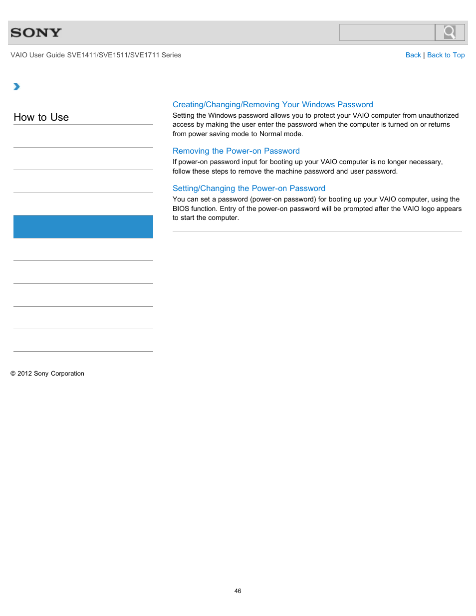 Password, How to use | Sony SVE141190X User Manual | Page 46 / 367