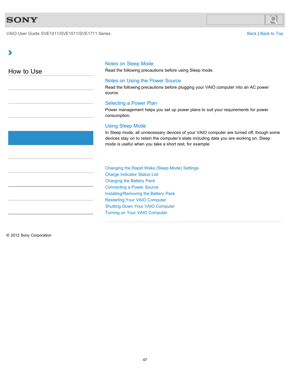 Power, How to use | Sony SVE141190X User Manual | Page 47 / 367