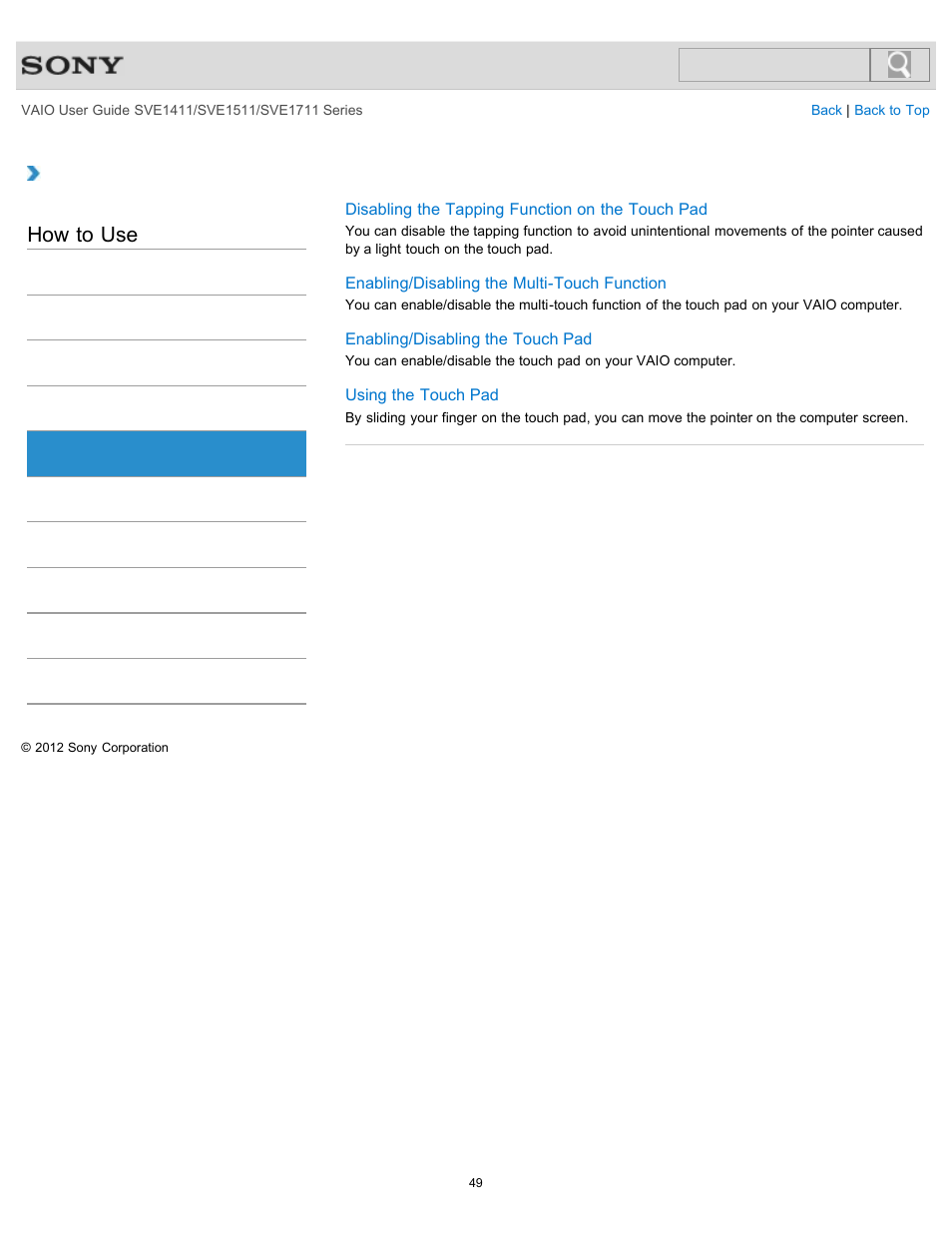 Touch pad, How to use | Sony SVE141190X User Manual | Page 49 / 367