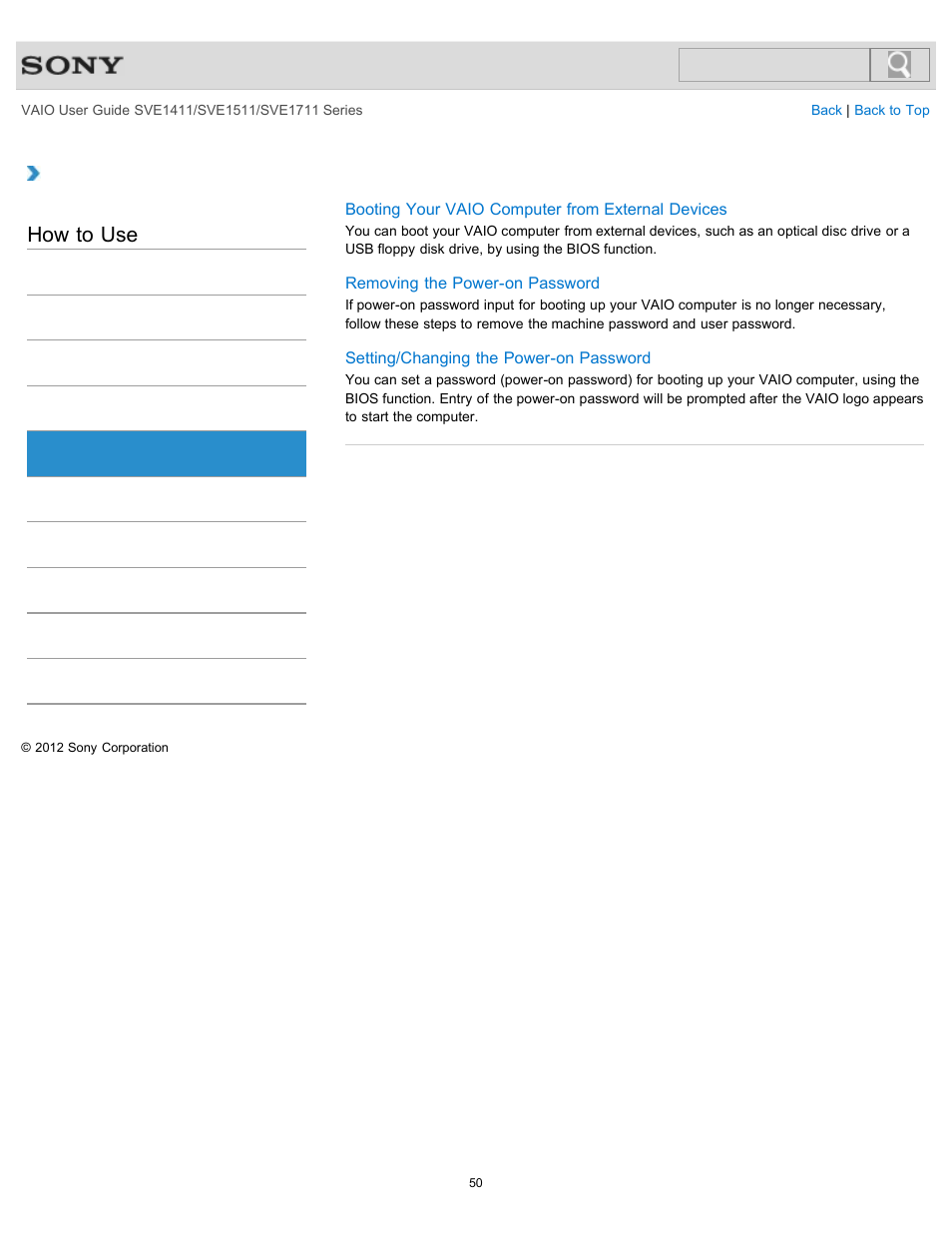 Bios, How to use | Sony SVE141190X User Manual | Page 50 / 367