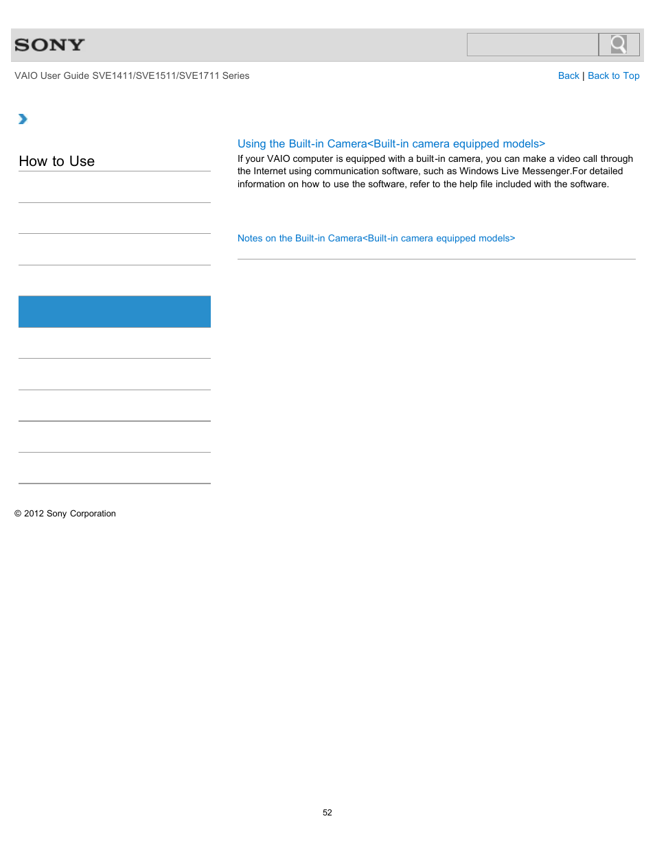 Camera, How to use | Sony SVE141190X User Manual | Page 52 / 367