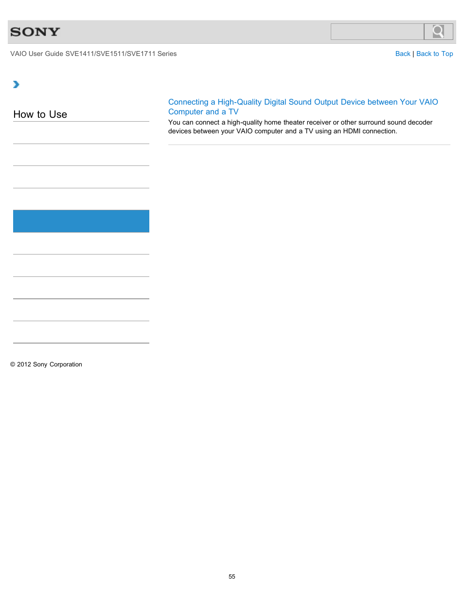 Optical digital output, How to use | Sony SVE141190X User Manual | Page 55 / 367