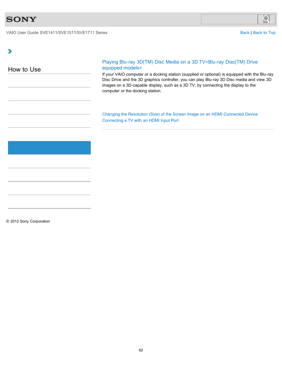 Hdmi, How to use | Sony SVE141190X User Manual | Page 62 / 367