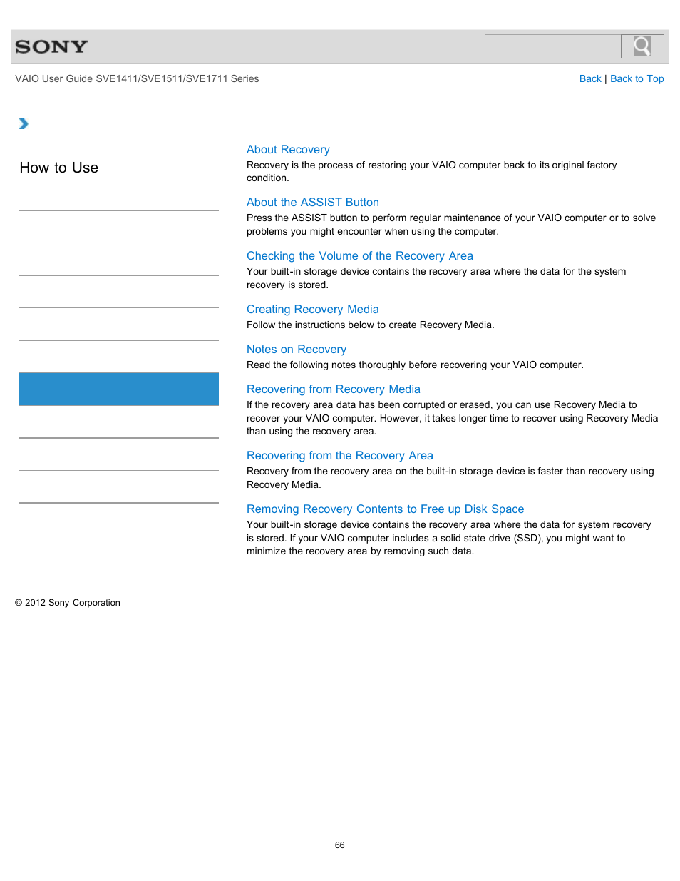 Recovery, How to use | Sony SVE141190X User Manual | Page 66 / 367