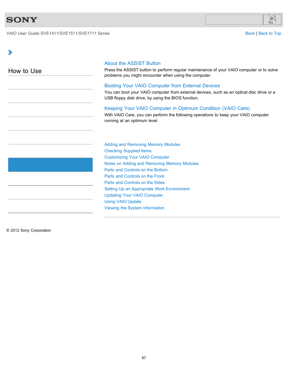 Vaio computer, How to use | Sony SVE141190X User Manual | Page 67 / 367