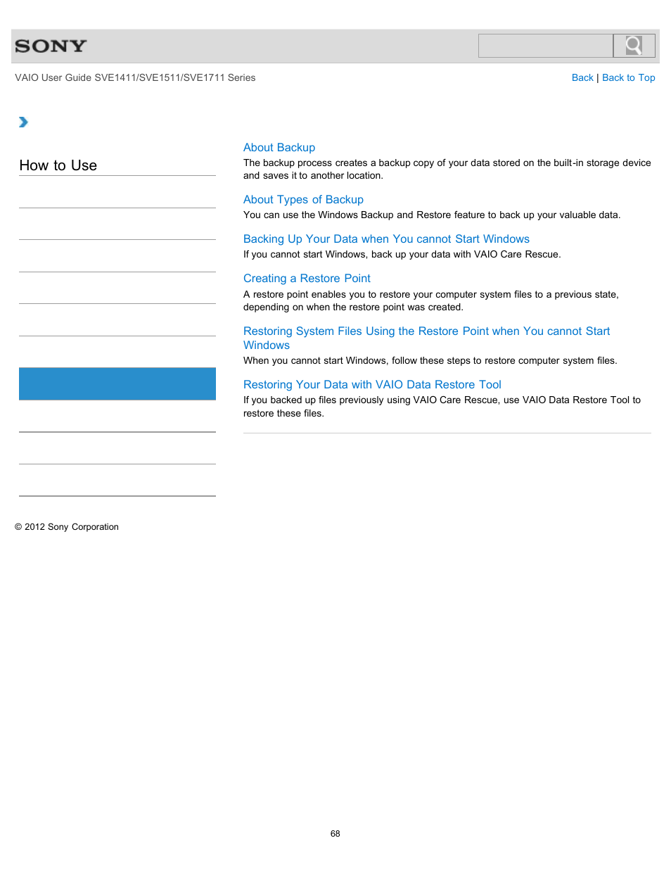 Backup, How to use | Sony SVE141190X User Manual | Page 68 / 367