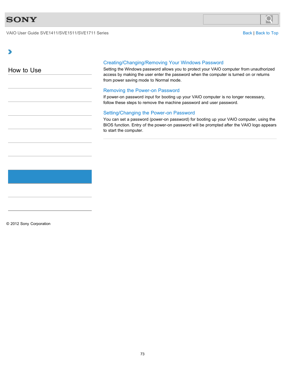 Password, How to use | Sony SVE141190X User Manual | Page 73 / 367