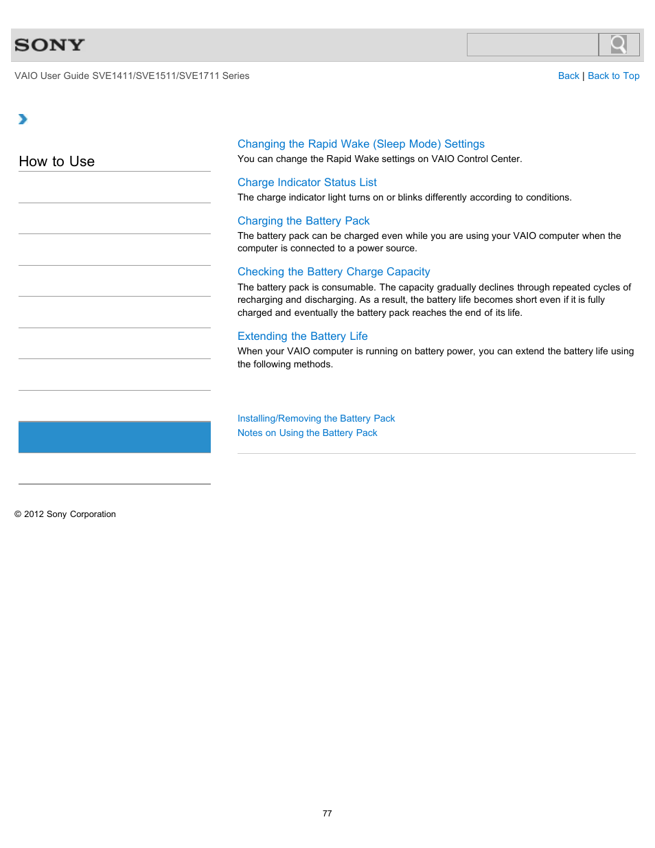 Battery, How to use | Sony SVE141190X User Manual | Page 77 / 367