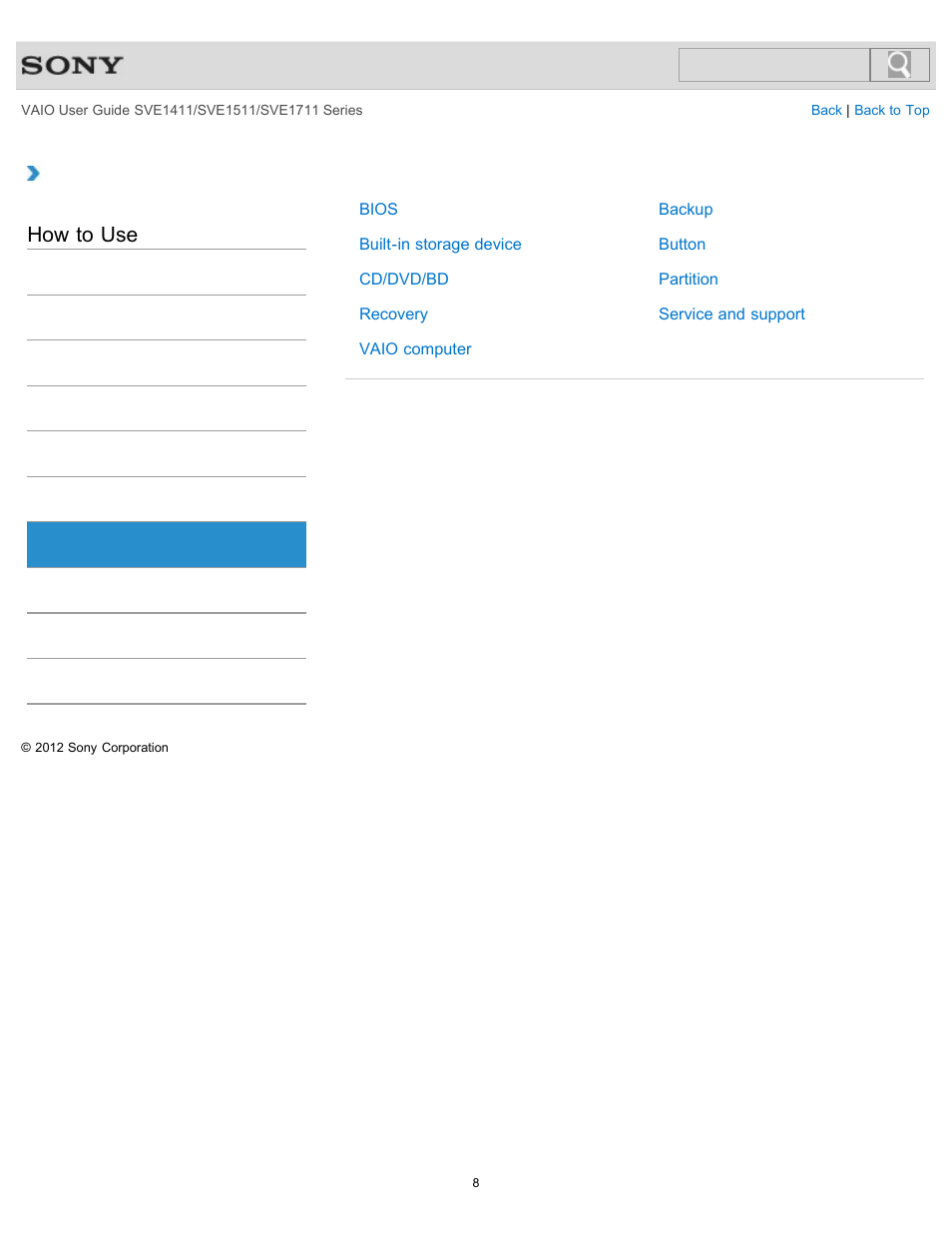 Backup / recovery, How to use | Sony SVE141190X User Manual | Page 8 / 367