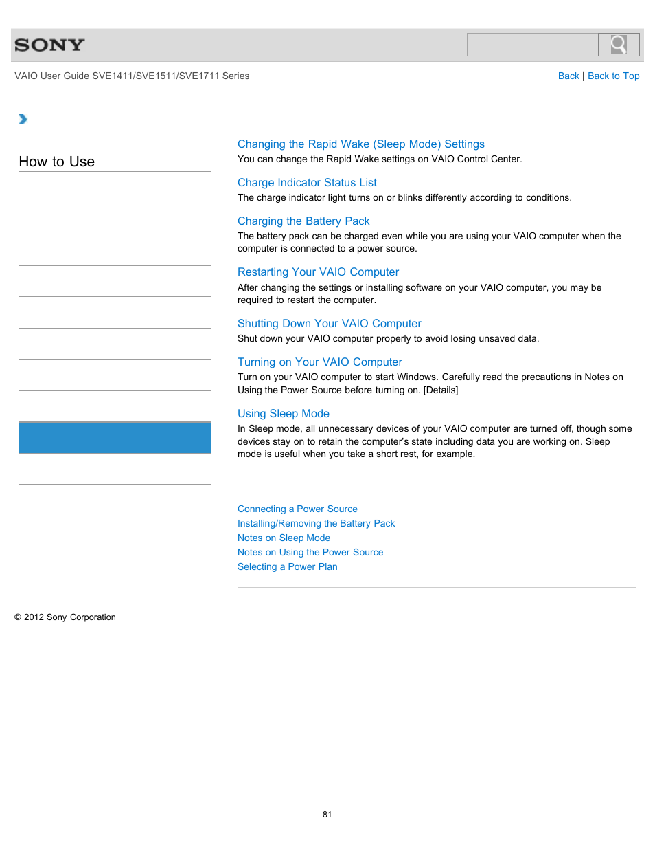 Power, How to use | Sony SVE141190X User Manual | Page 81 / 367