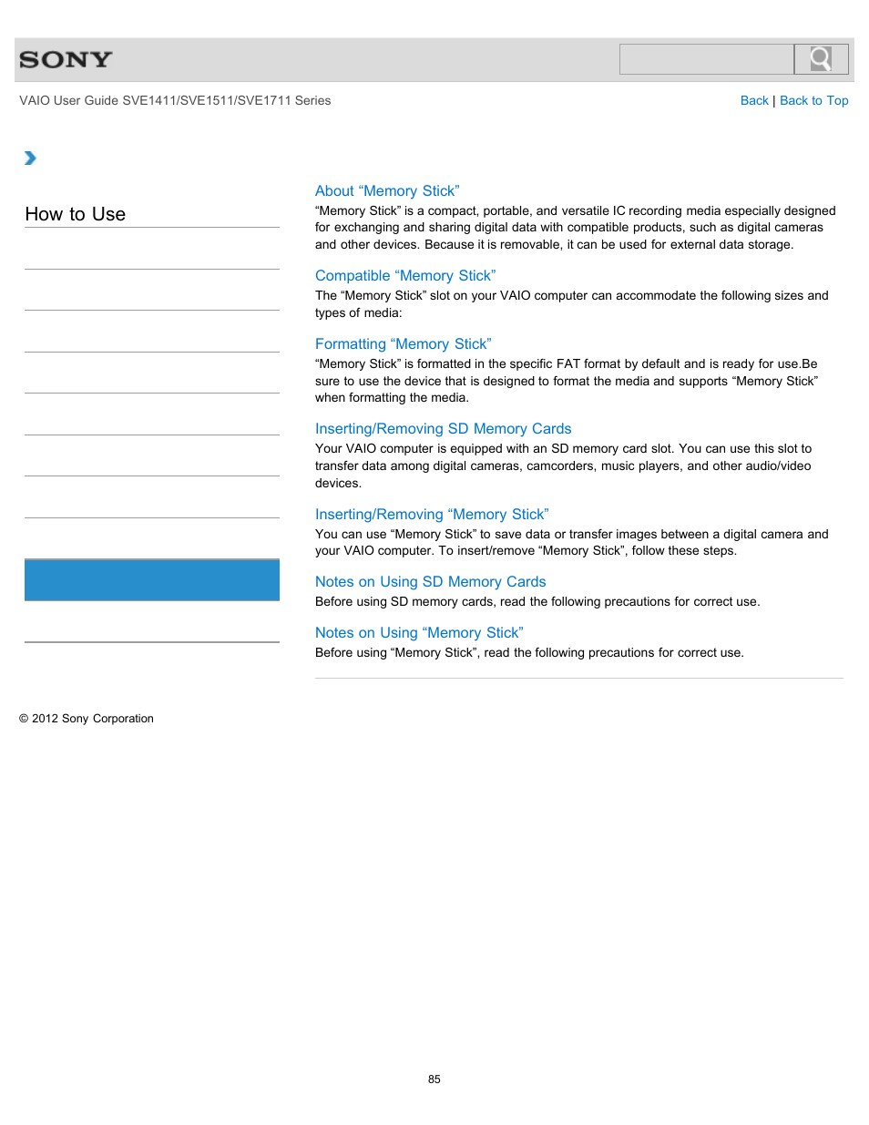 Memory card, How to use | Sony SVE141190X User Manual | Page 85 / 367