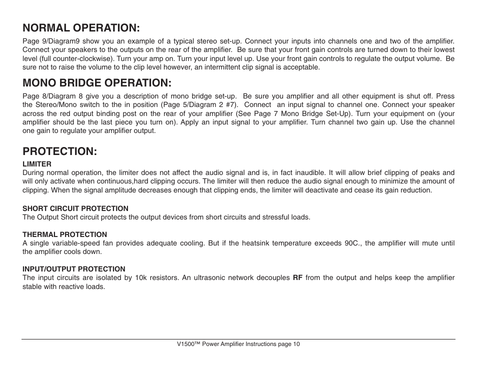 Normal operation, Mono bridge operation, Protection | American Audio V1500 User Manual | Page 10 / 12