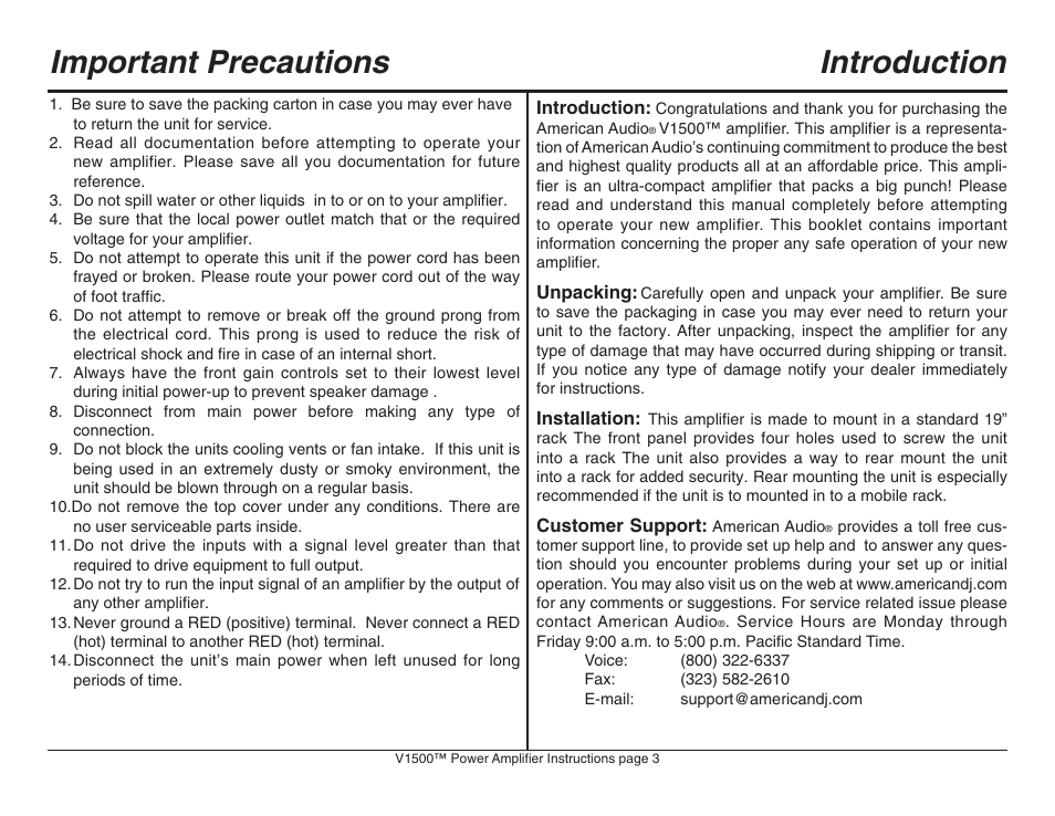 Important precautions, Introduction | American Audio V1500 User Manual | Page 3 / 12