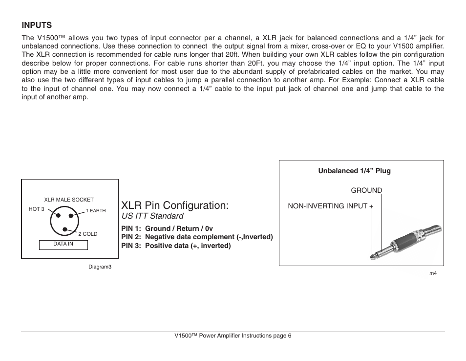 Xlr pin configuration | American Audio V1500 User Manual | Page 6 / 12