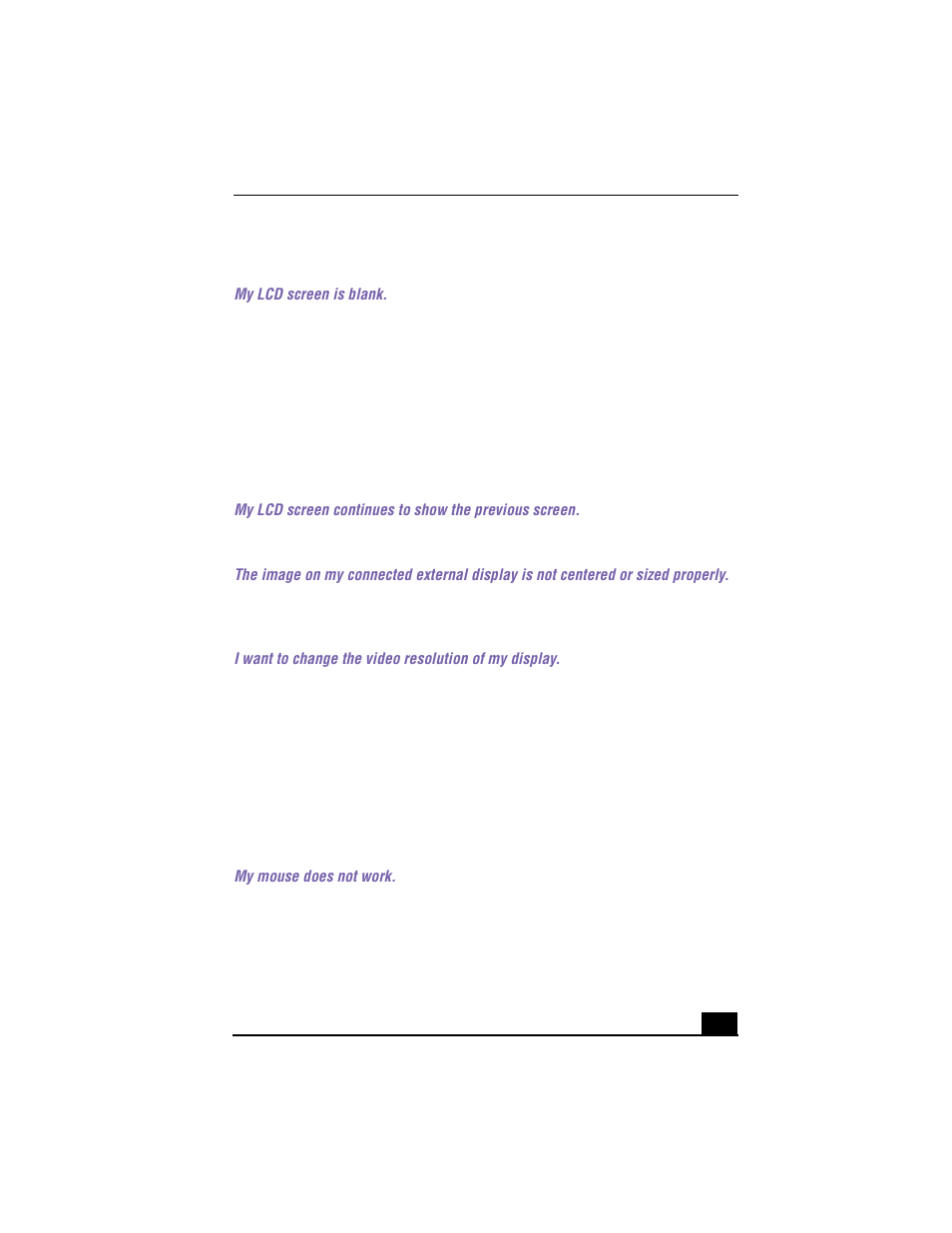 Troubleshooting the lcd screen, My lcd screen is blank, Troubleshooting the mouse and touchpad | My mouse does not work | Sony PCG-F640 User Manual | Page 105 / 122