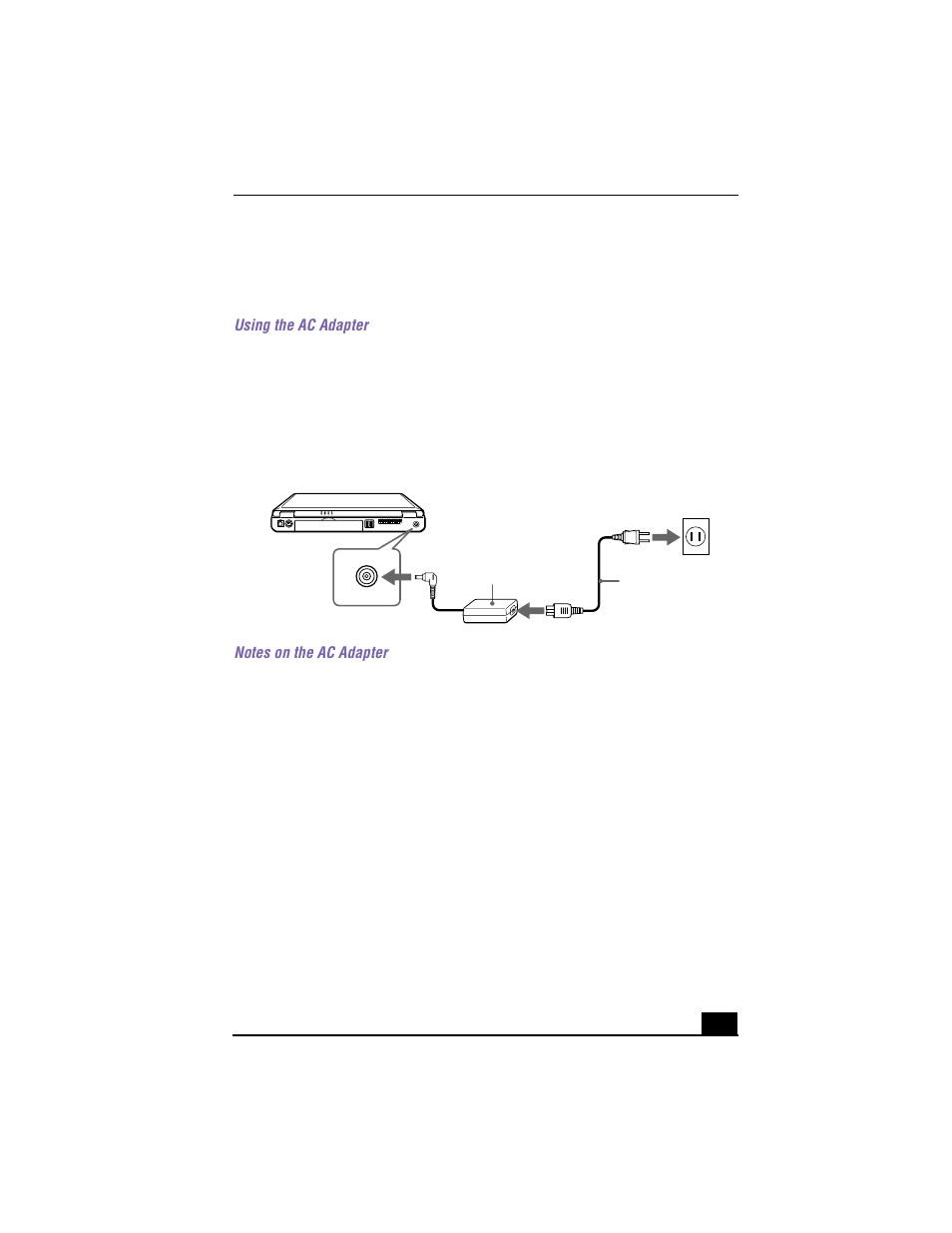 Connecting a power source, Using the ac adapter, Connecting the ac adapter | Notes on the ac adapter | Sony PCG-F640 User Manual | Page 25 / 122