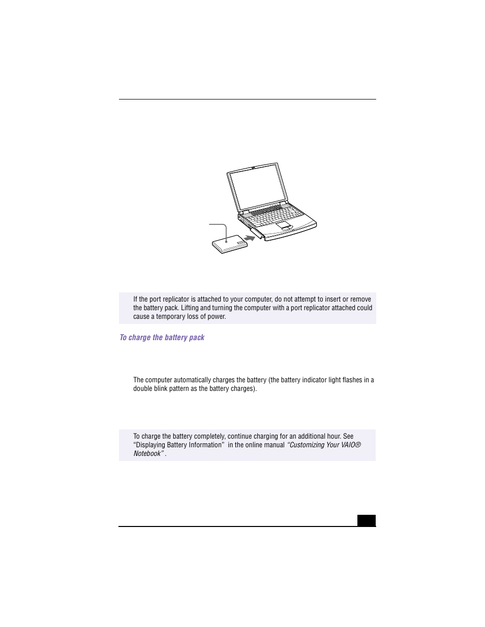 Inserting battery pack, To charge the battery pack, 1 connect the ac adapter to the computer | 2 insert the battery pack | Sony PCG-F640 User Manual | Page 27 / 122