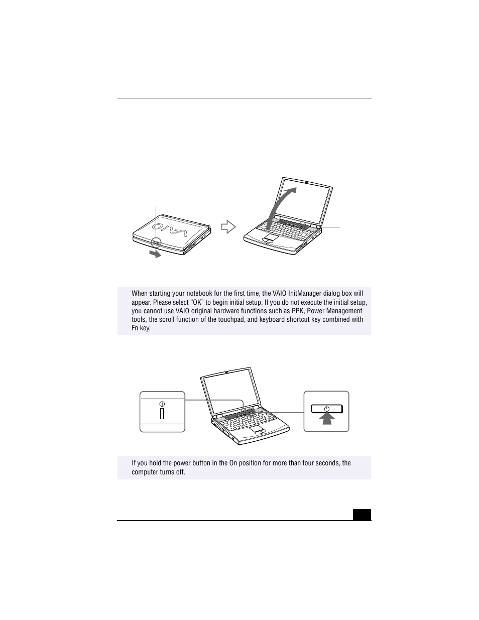 Starting your computer, Opening the computer, Power button | Sony PCG-F640 User Manual | Page 31 / 122