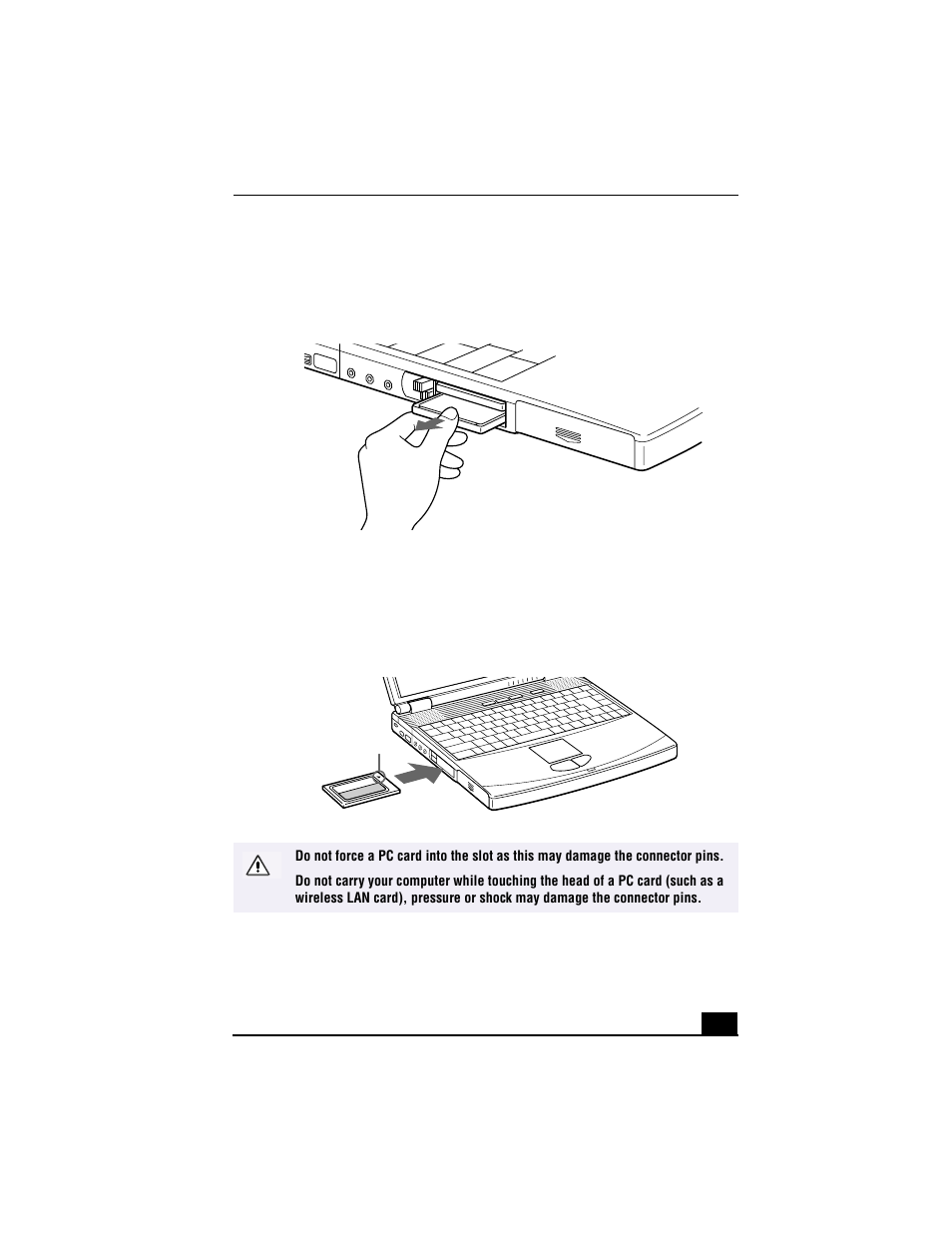 Pc card slot protector, Inserting a pc card | Sony PCG-F640 User Manual | Page 49 / 122