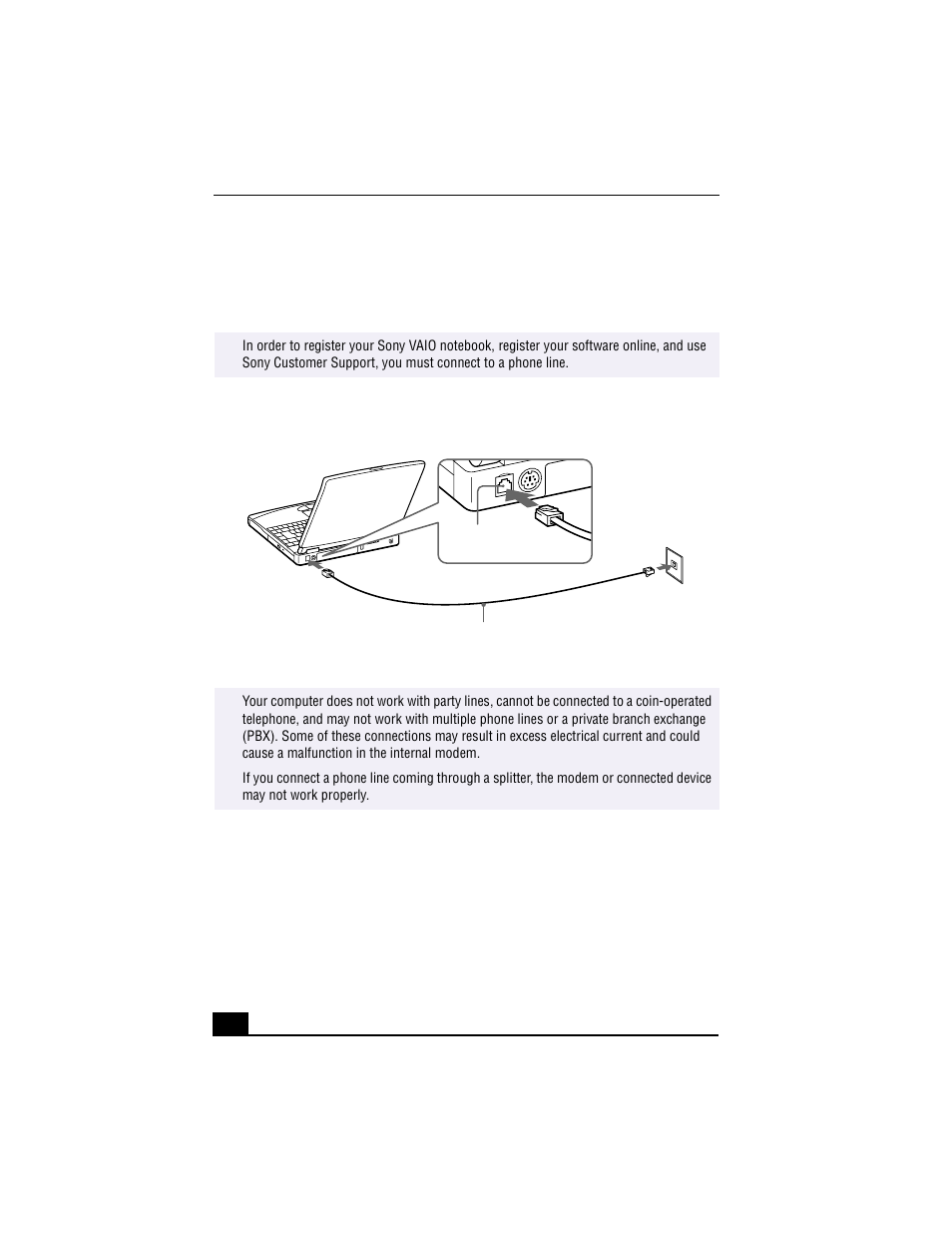 Connecting a phone line, Connecting phone cable, 2 plug the other end into the wall jack | Sony PCG-F640 User Manual | Page 62 / 122
