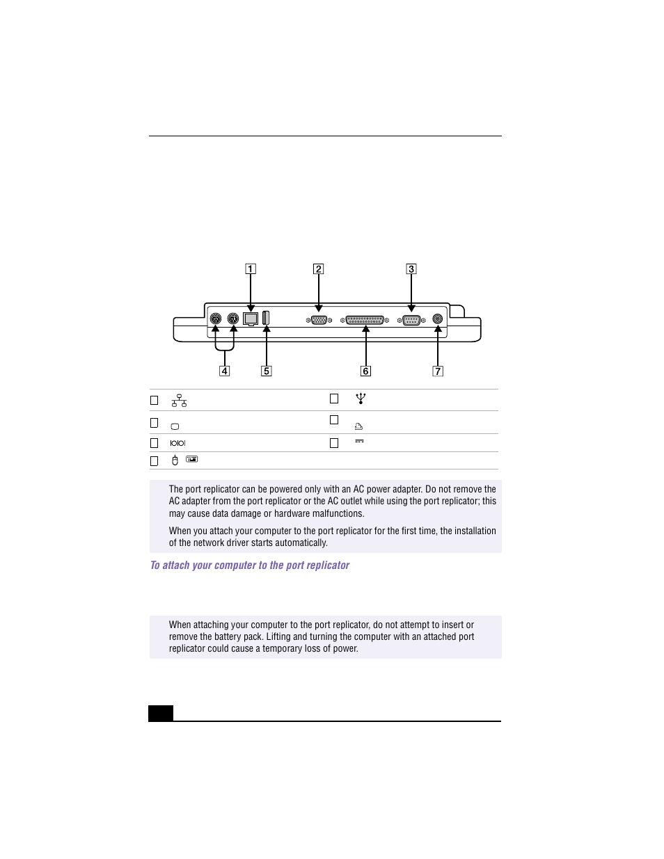 Connecting the port replicator, Port replicator, To attach your computer to the port replicator | Sony PCG-F640 User Manual | Page 70 / 122