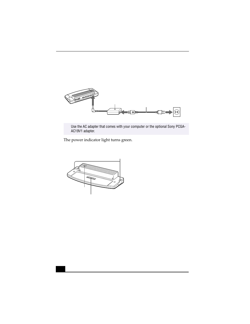 Connecting ac adaptor to port replicator, Power indicator light, 5 turn on the computer | Sony PCG-F640 User Manual | Page 72 / 122