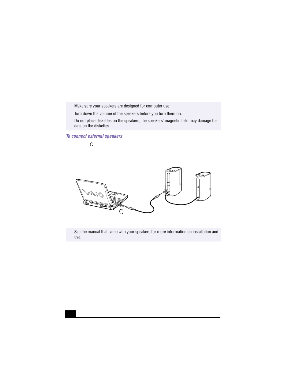 Connecting external speakers, To connect external speakers, Connecting speakers to headphone connector | Sony PCG-F640 User Manual | Page 74 / 122