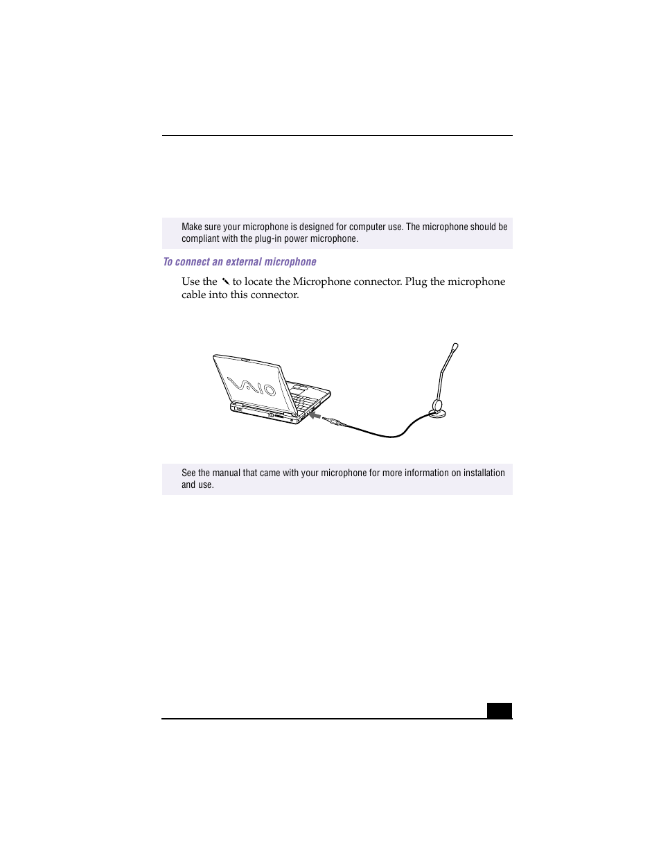 Connecting an external microphone, To connect an external microphone, Connecting a microphone to microphone connector | Sony PCG-F640 User Manual | Page 75 / 122