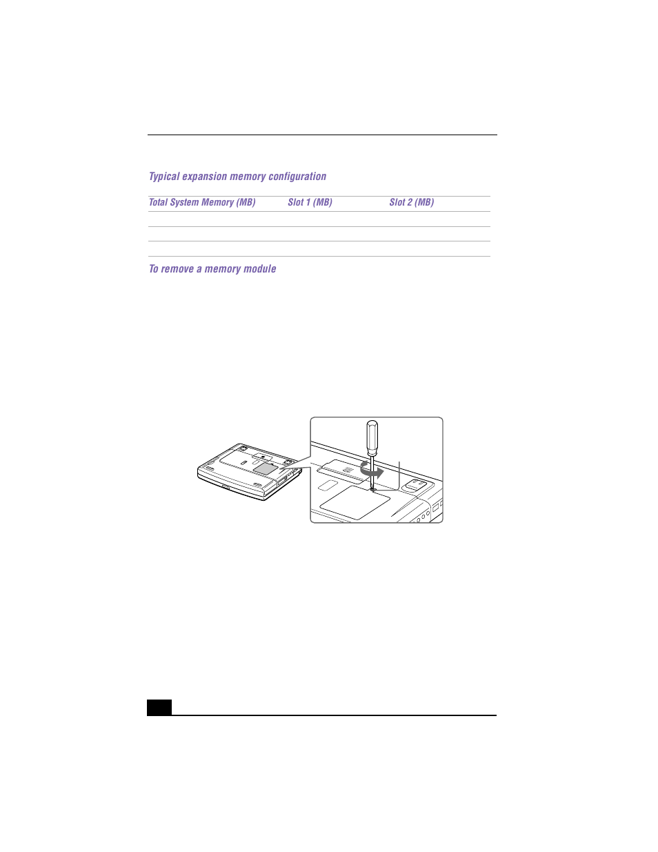 Typical expansion memory configuration, To remove a memory module, Removing the memory module cover | Sony PCG-F640 User Manual | Page 82 / 122