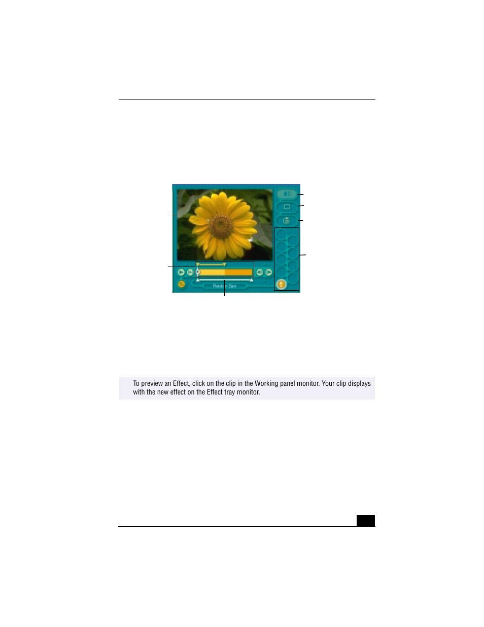 Editing clips and scenes, Working panel, 2 select the effects tab from the editing tray | Saving a movie, 2 click export | Sony PCG-F640 User Manual | Page 91 / 122