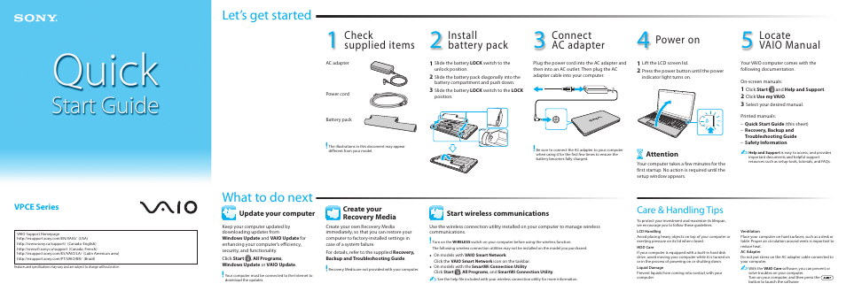 What to do next let’s get started, Install battery pack, Check supplied items | Connect ac adapter, Power on, Locate vaio manual, Care & handling tips, Vpce series | Sony VPCEA37FX User Manual | Page 2 / 2