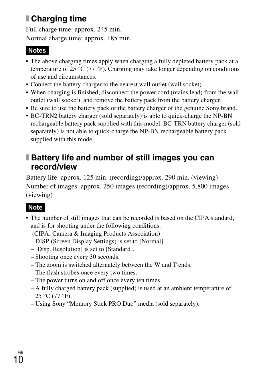 Xcharging time | Sony DSC-W610 User Manual | Page 10 / 52