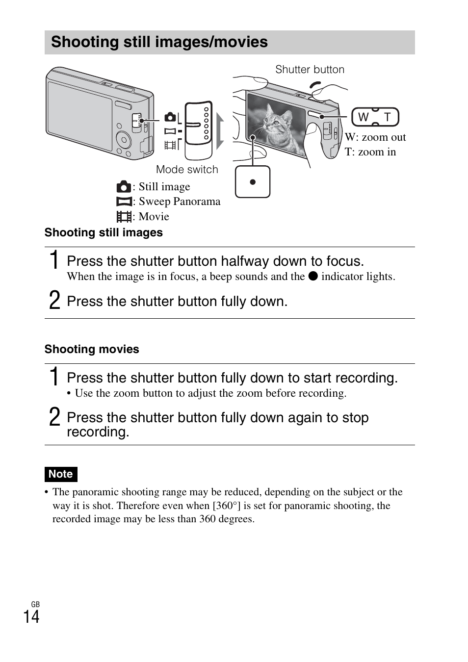 Shooting still images/movies | Sony DSC-W610 User Manual | Page 14 / 52