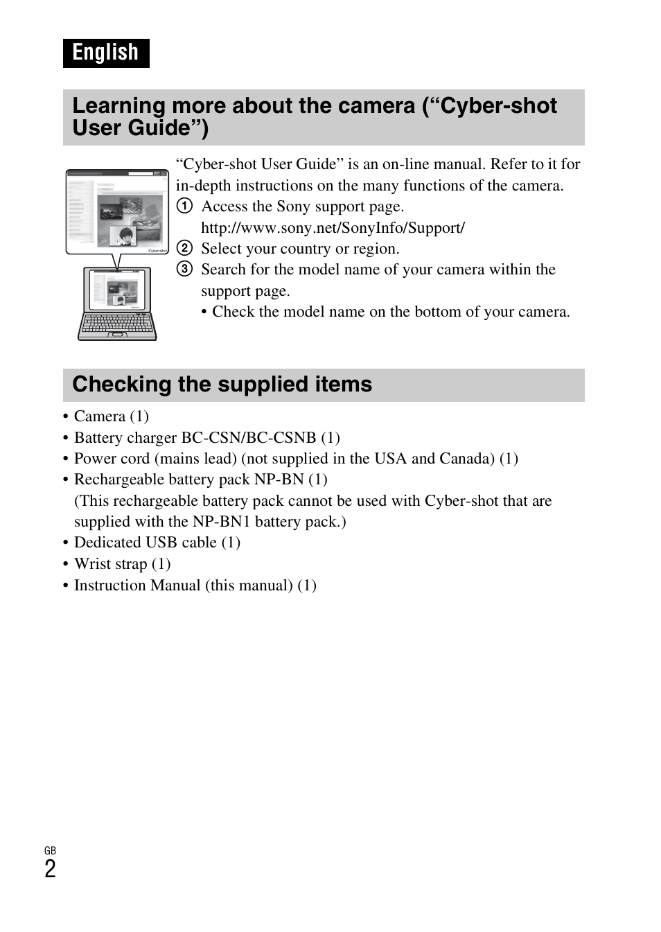 English, Checking the supplied items | Sony DSC-W610 User Manual | Page 2 / 52