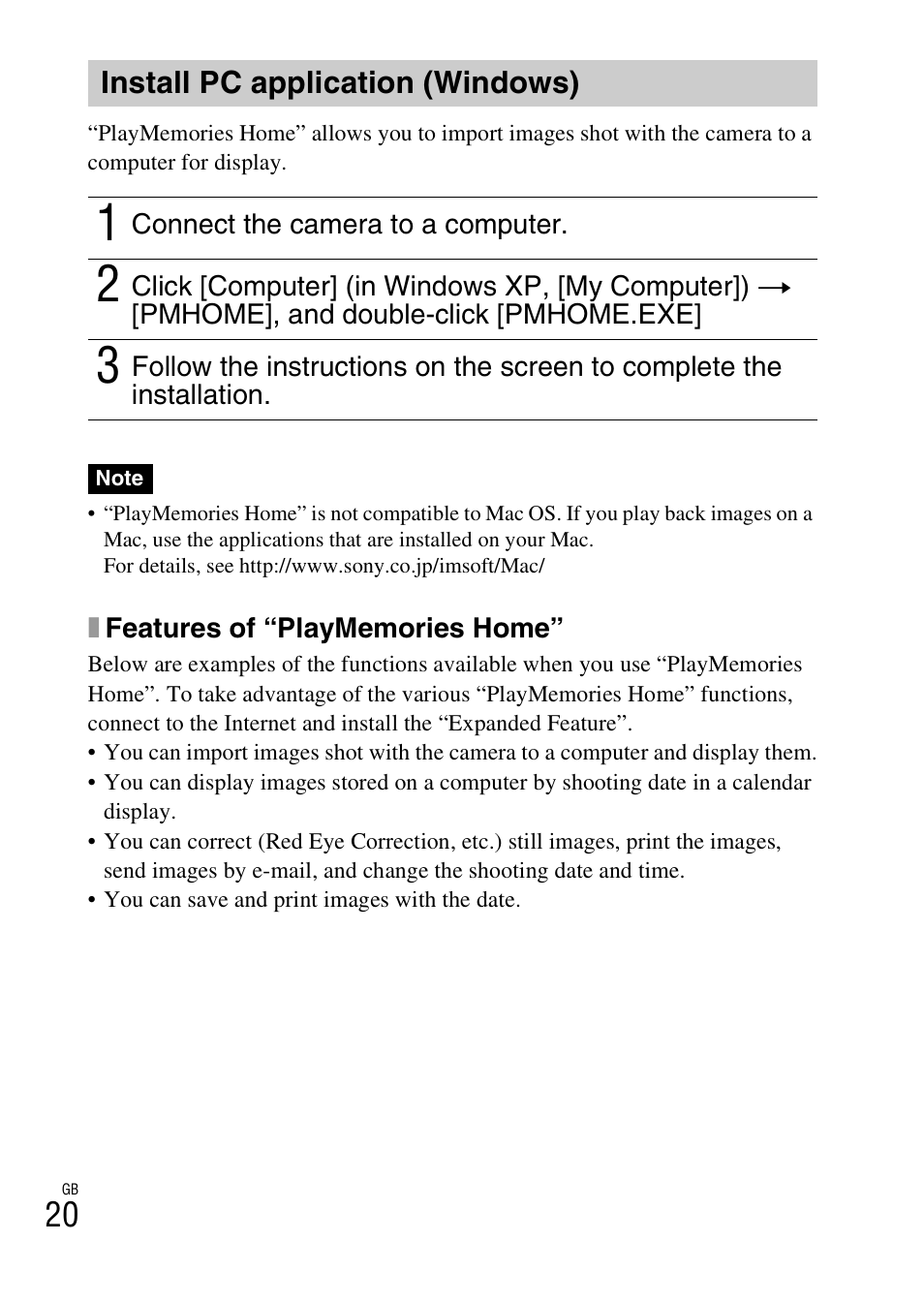 Install pc application (windows) | Sony DSC-W610 User Manual | Page 20 / 52