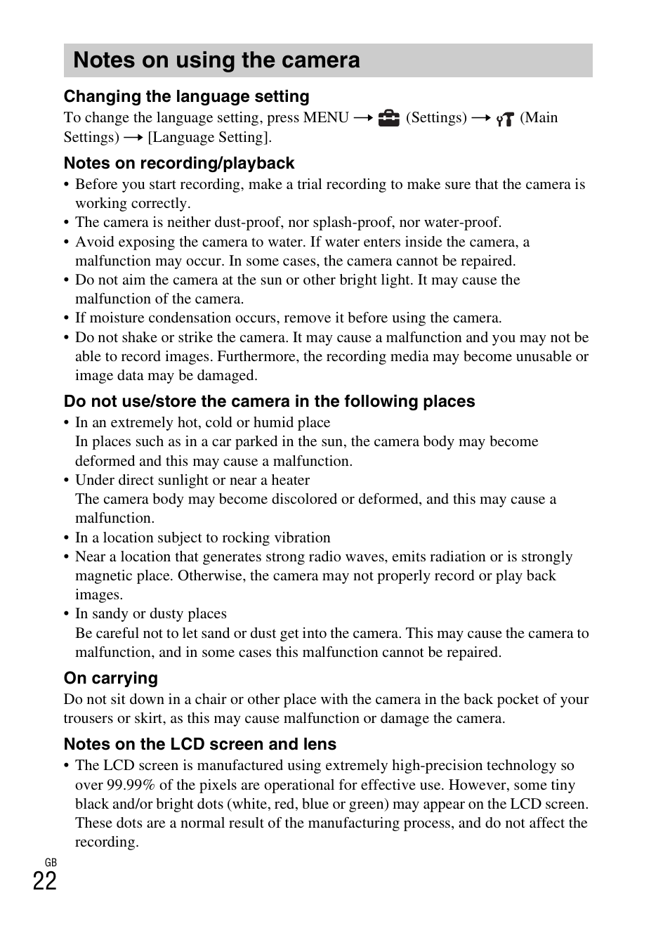 Notes on using the camera | Sony DSC-W610 User Manual | Page 22 / 52