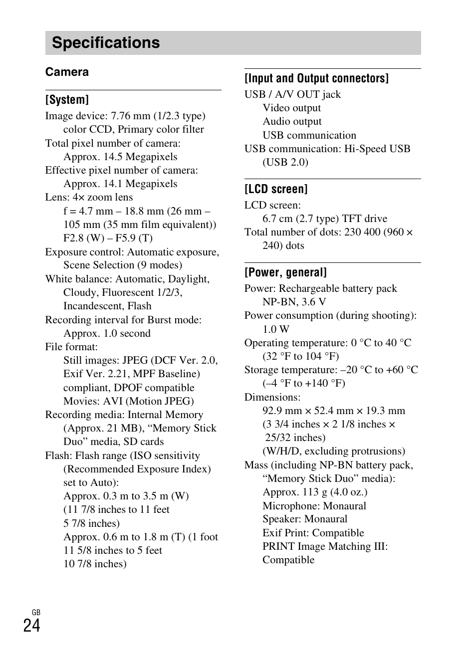 Specifications | Sony DSC-W610 User Manual | Page 24 / 52