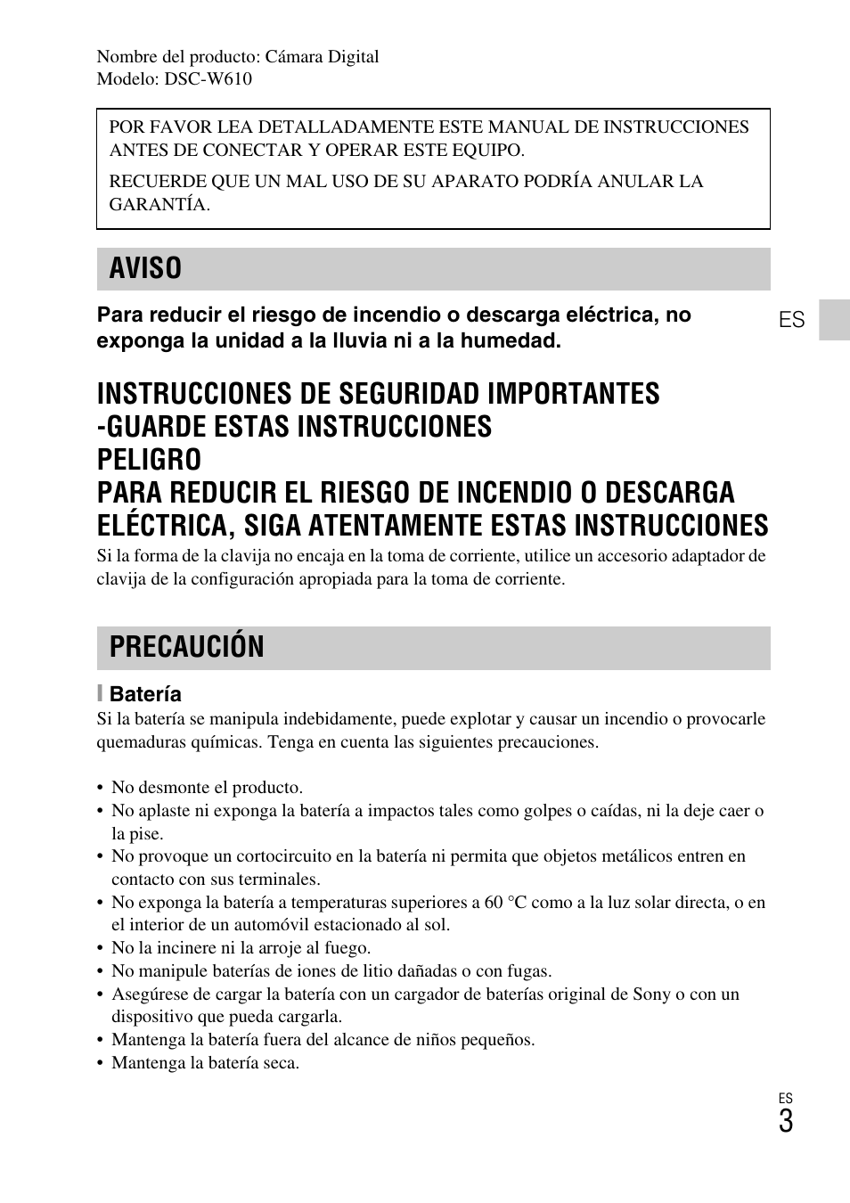Aviso precaución | Sony DSC-W610 User Manual | Page 27 / 52