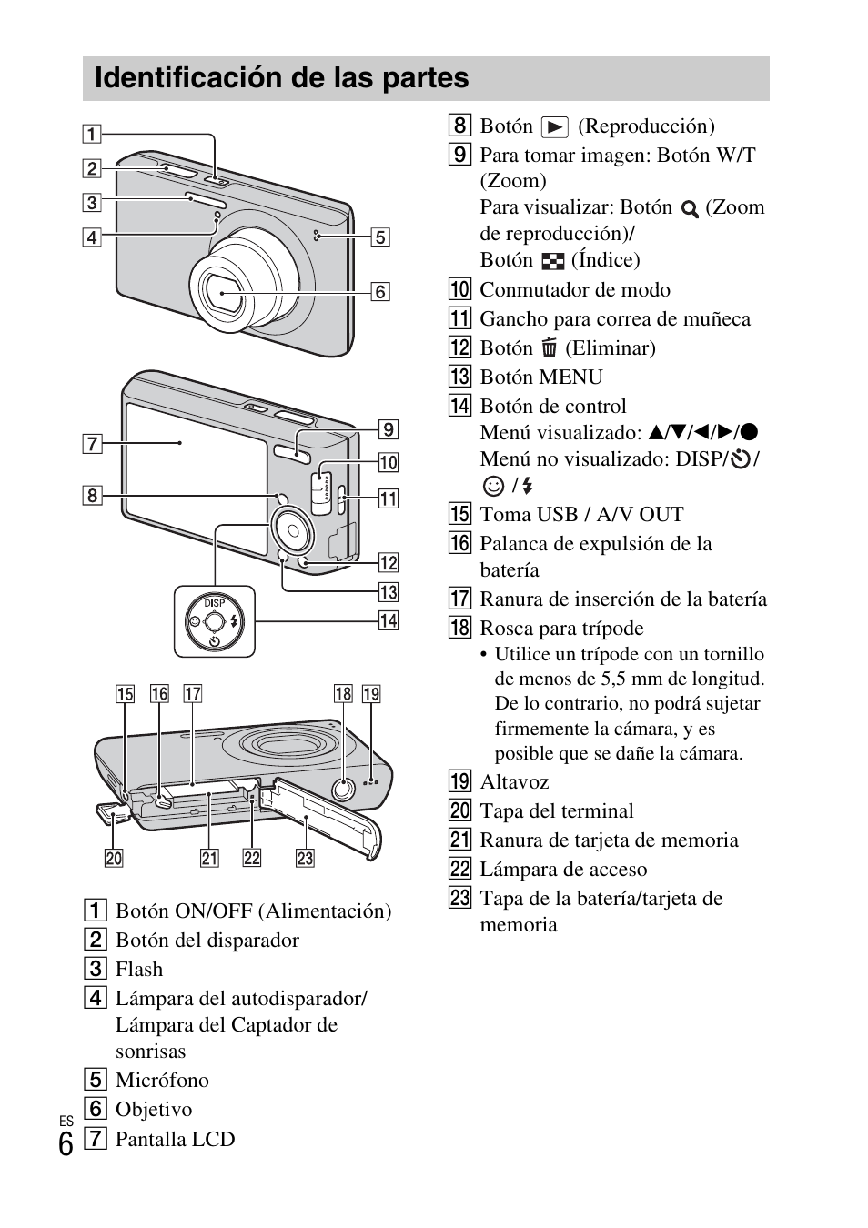 Identificación de las partes | Sony DSC-W610 User Manual | Page 30 / 52