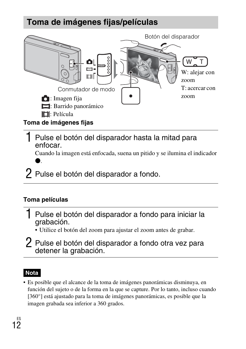 Toma de imágenes fijas/películas | Sony DSC-W610 User Manual | Page 36 / 52