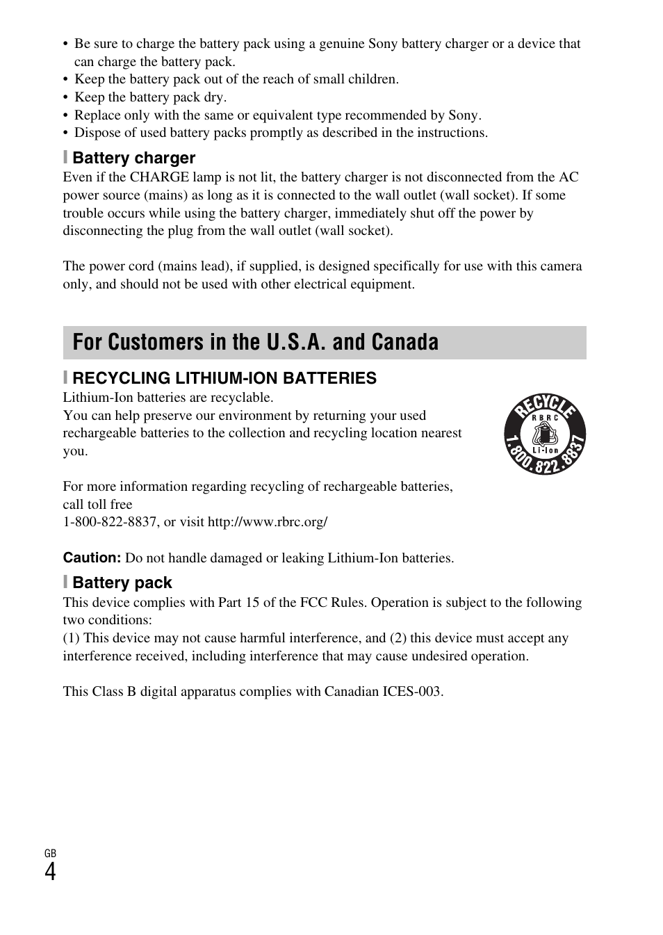 For customers in the u.s.a. and canada | Sony DSC-W610 User Manual | Page 4 / 52