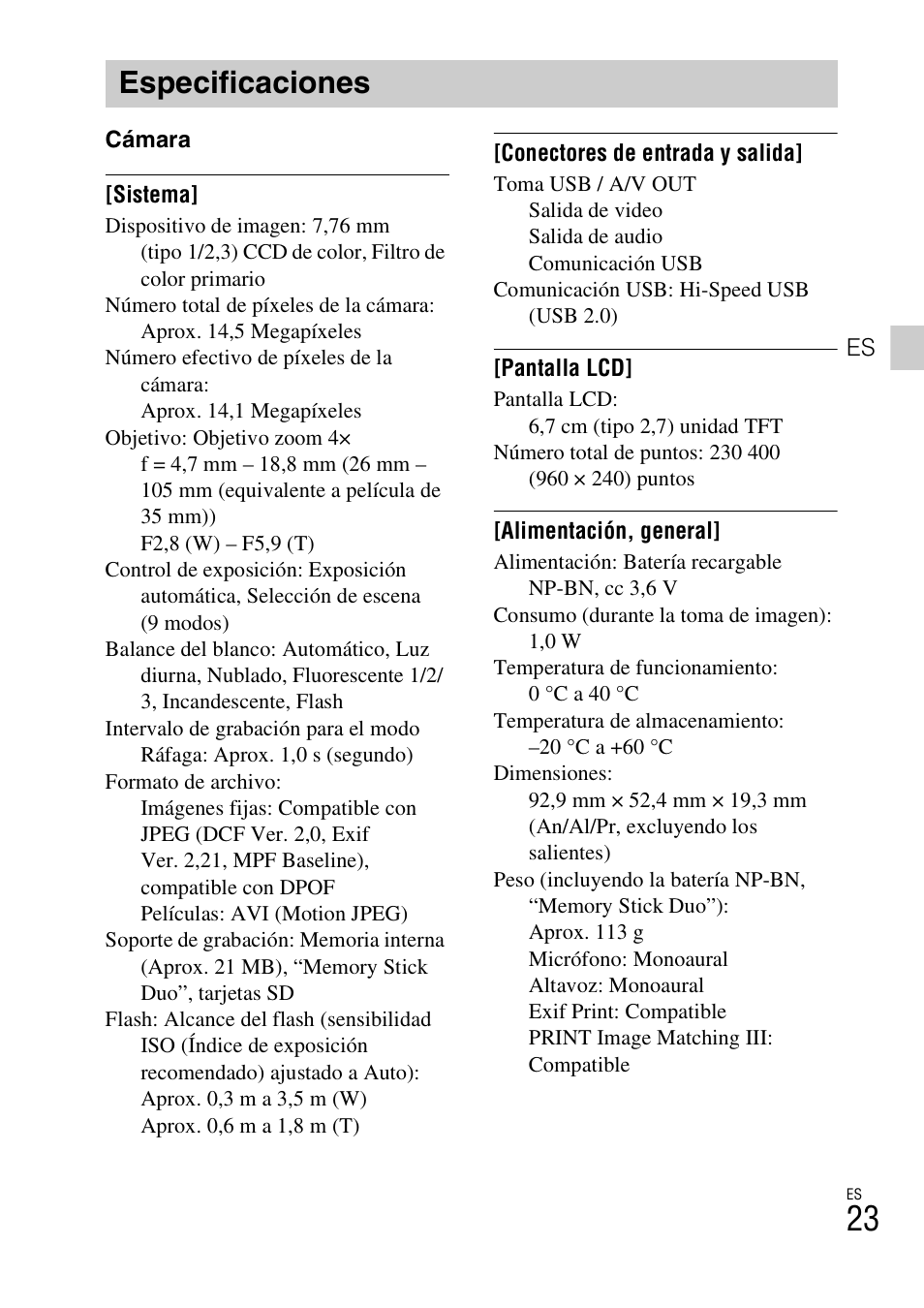 Especificaciones | Sony DSC-W610 User Manual | Page 47 / 52