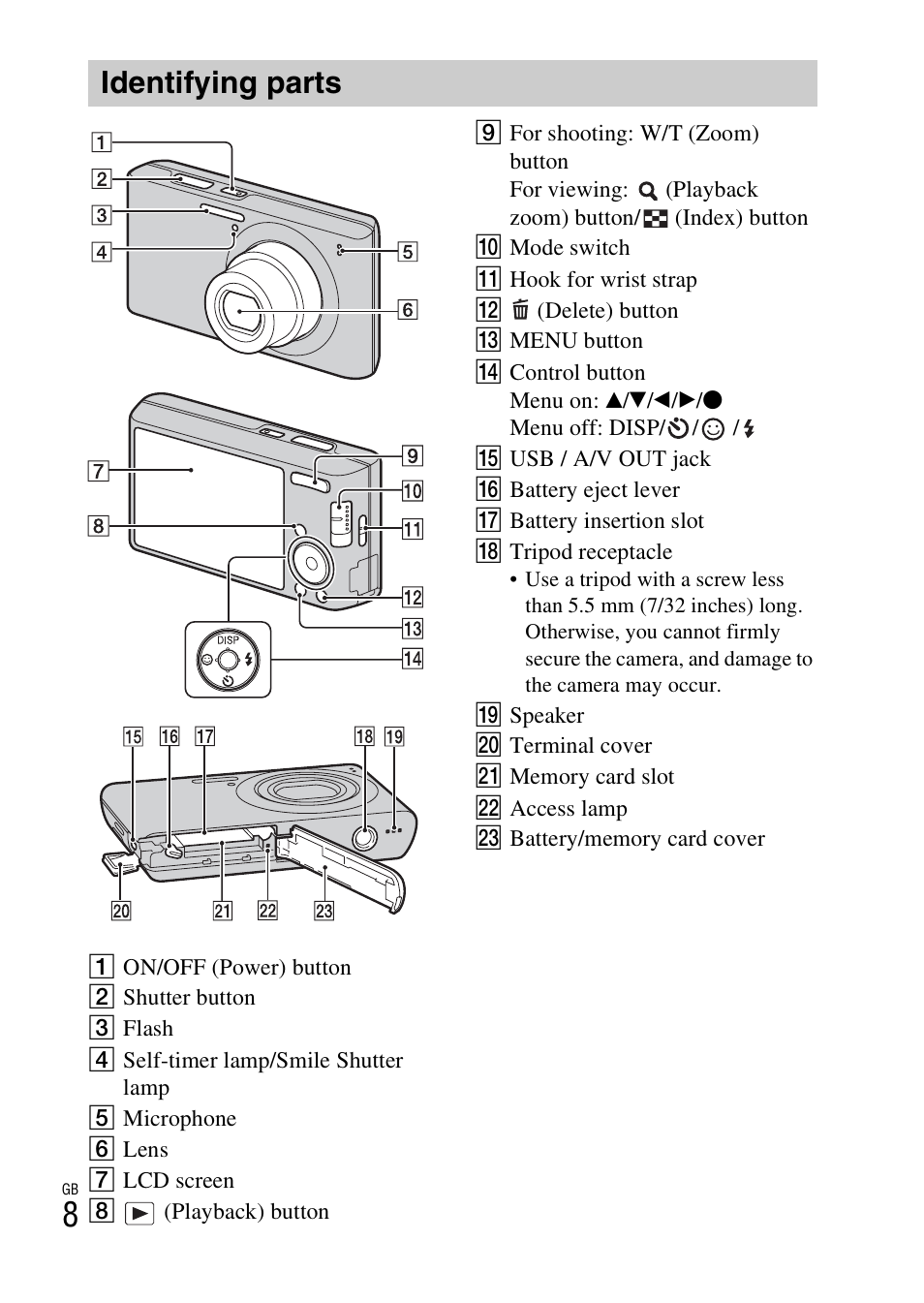 Identifying parts | Sony DSC-W610 User Manual | Page 8 / 52