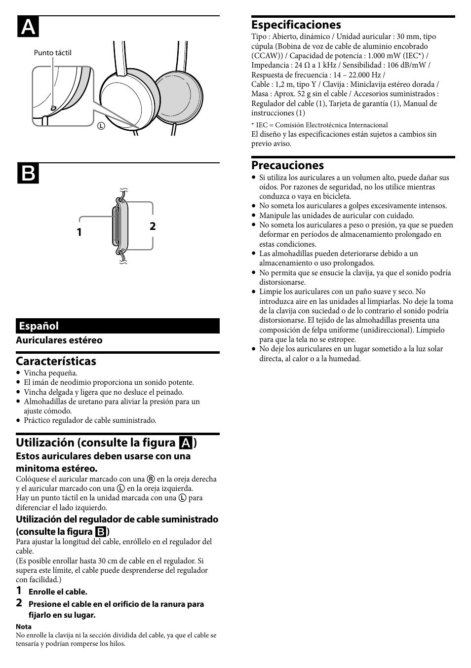 Características, Utilización (consulte la figura  ), Especificaciones | Precauciones, Español | Sony MDR-370LP User Manual | Page 2 / 2